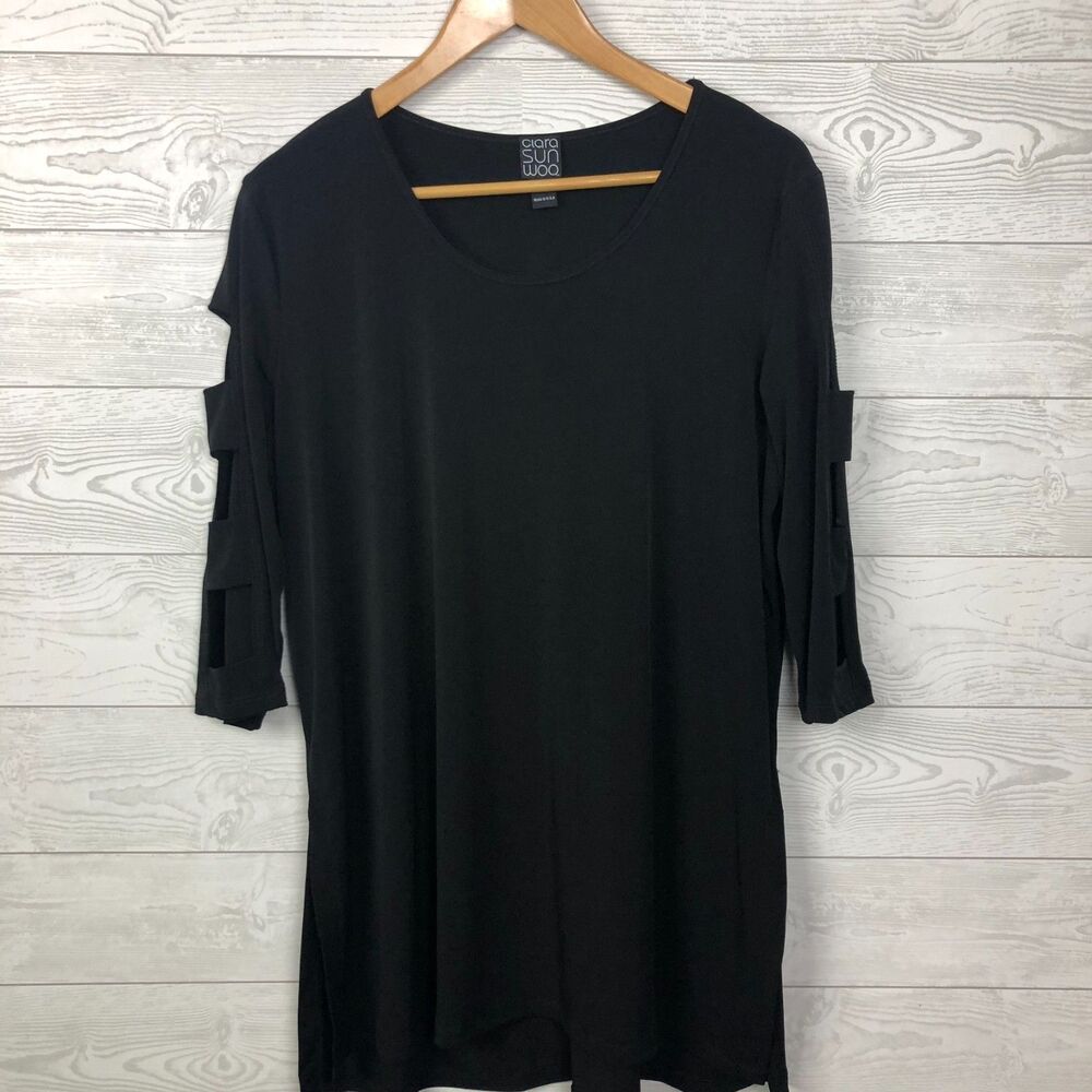 Clara Sun Woo Women's XL Tunic 3/4 Sleeves w/ Cut Outs Solid Black Scoop Neck